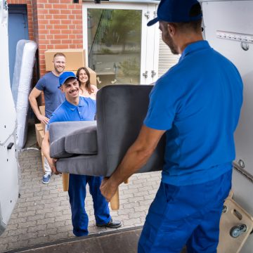 Happy Family Couple Watching Movers Unload Furniture